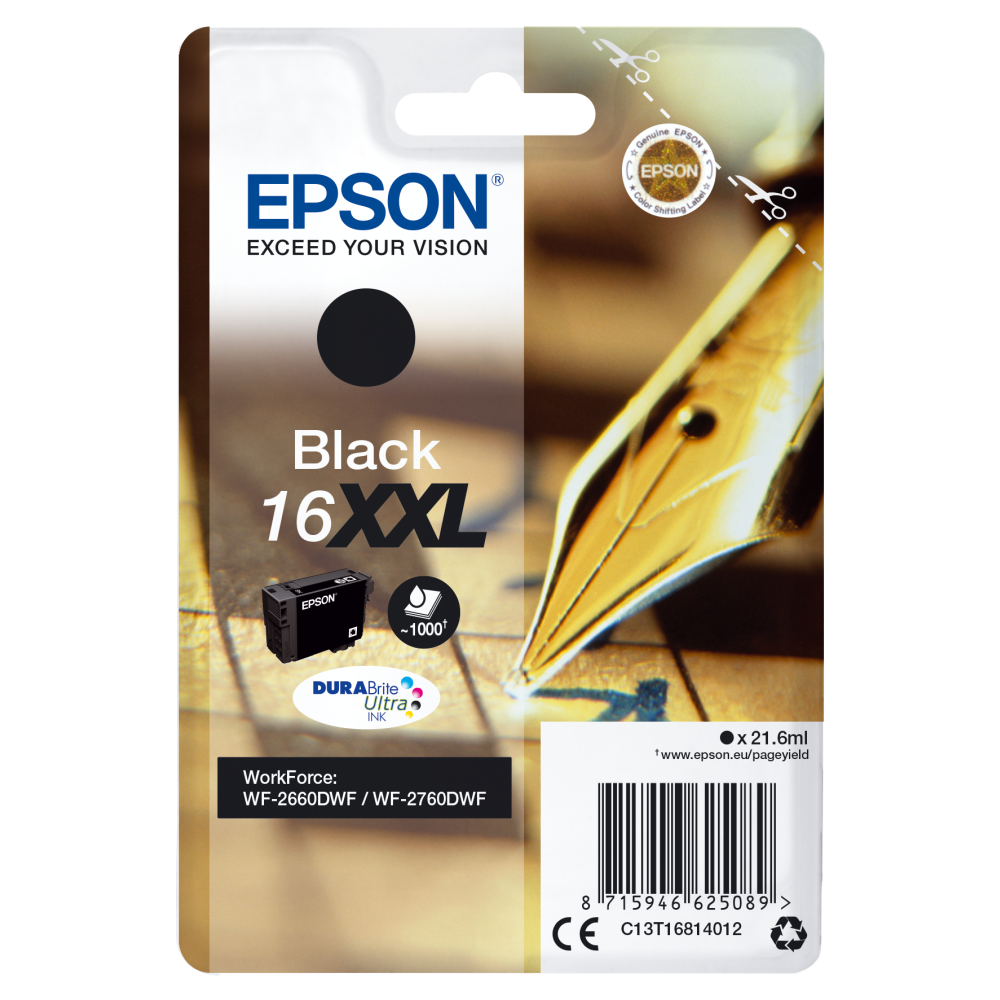 Epson Schwarz Tintenpatrone mit extra hoher Reichweite, 1.000 Seiten, 1er-Pack C13T16814012 XXL Druckerpatrone