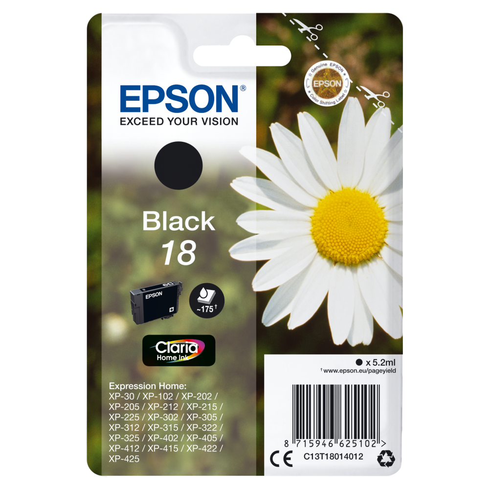 Epson Original T1801 Tintenpatrone Schwarz - Gänseblume, Text- und Fotodruck - Claria Home Tinte - 5,2 ml - 175 Seiten - Druckerpatrone