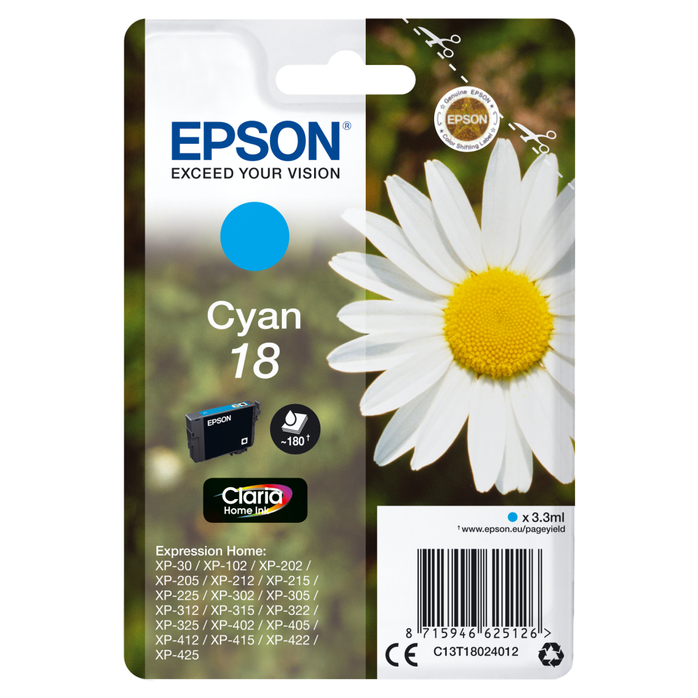 Epson Original Tintenpatrone Gänseblume cyan für XP-305 XP-402 XP-215 XP-312 XP-315 XP-412 XP-415 XP-225 XP-322 XP-325 XP-422 XP-425