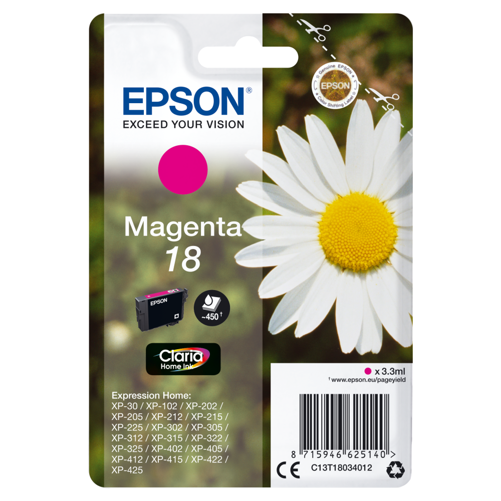 Epson Original Druckerpatrone C13T18034012 Gänseblume Magenta XP-305 XP-402 XP-215 XP-312 XP-315 XP-412 XP-415 XP-225 XP-322 XP-325 XP-422 XP-425