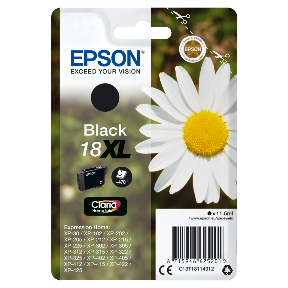 Epson Original Druckerpatrone C13T18114012 XL Gänseblume Schwarz XP-305 XP-402 XP-215 XP-312 XP-315 XP-412 XP-415 XP-225 XP-322 XP-325 XP-422 XP-425