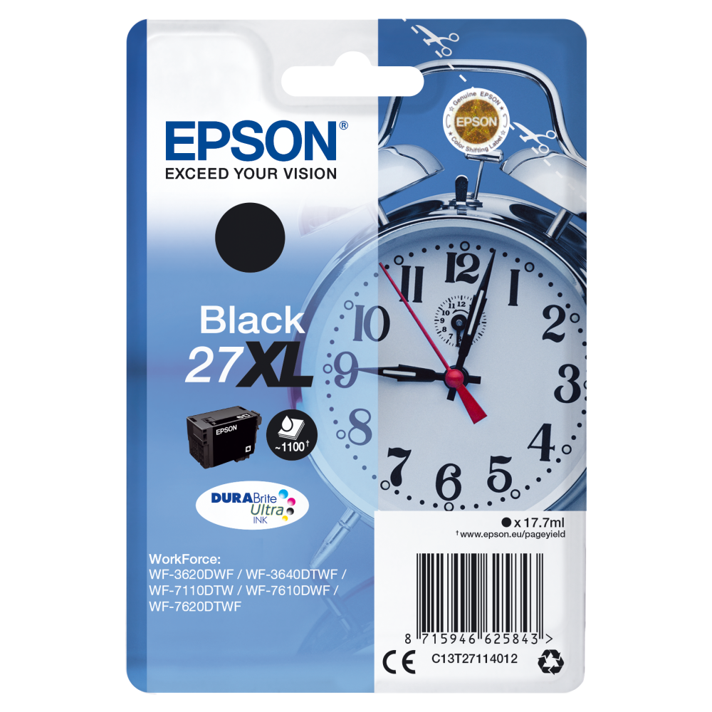 Epson Original Tintenpatrone Wecker XL schwarz C13T27114012 - 17,7 ml - ca. 1100 Seiten - für WF-3620DWF WF-3640DTWF WF-7110DTW WF-7210DTW WF-7610DWF