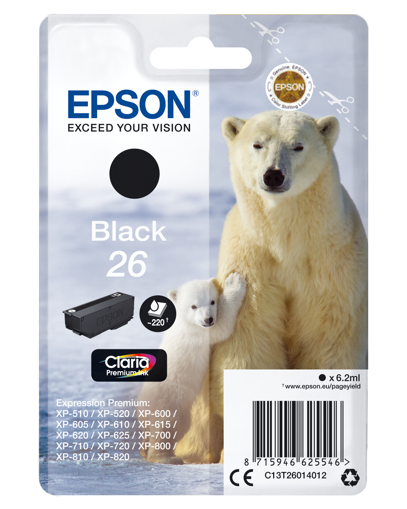 Epson Druckerpatrone C13T26014012 Eisbär Schwarz 6,2ml.