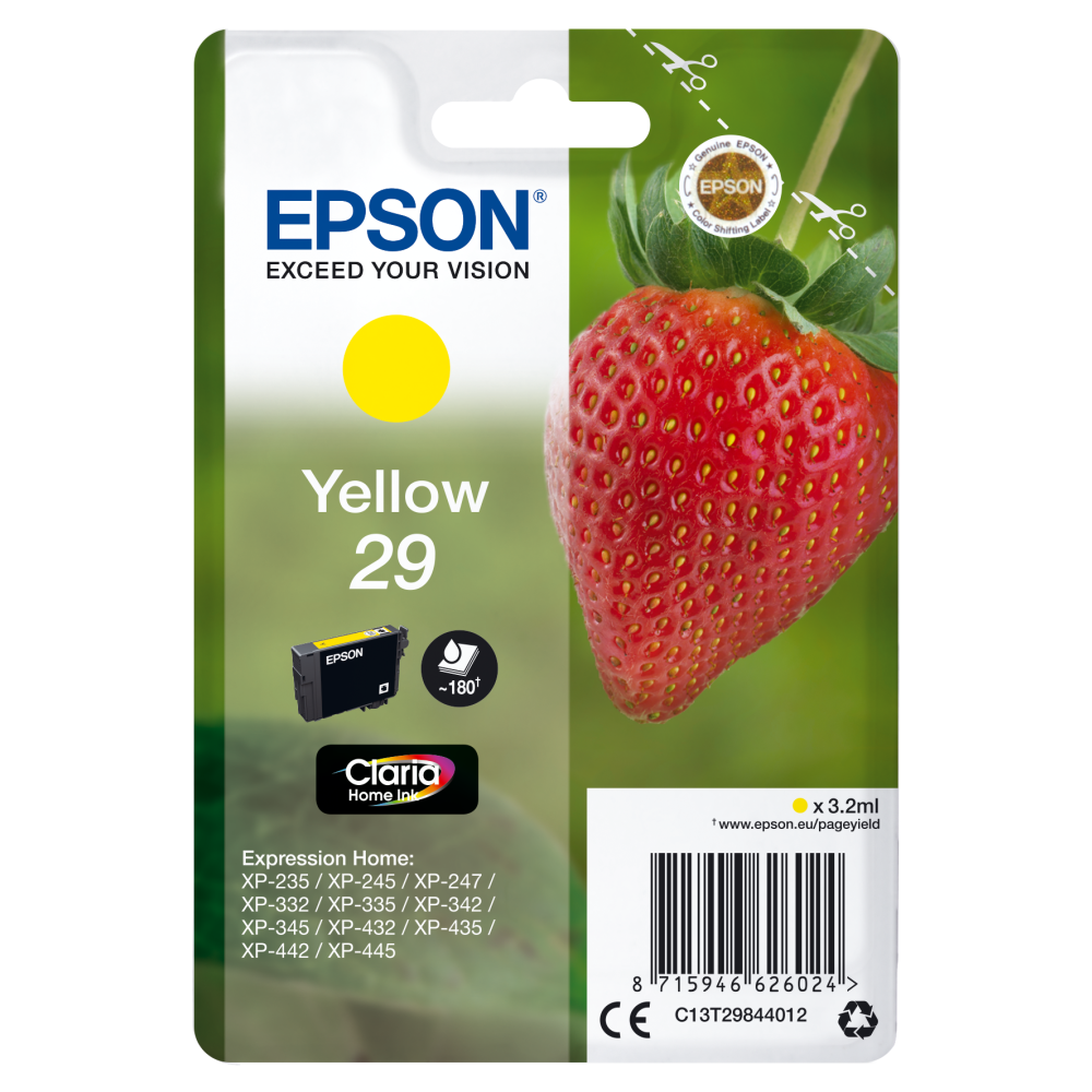 Epson Original Druckerpatrone C13T29844012 Erdbeere gelb XP-235 XP-455 3,2ml 180 Seiten Packung mit 1 Stück