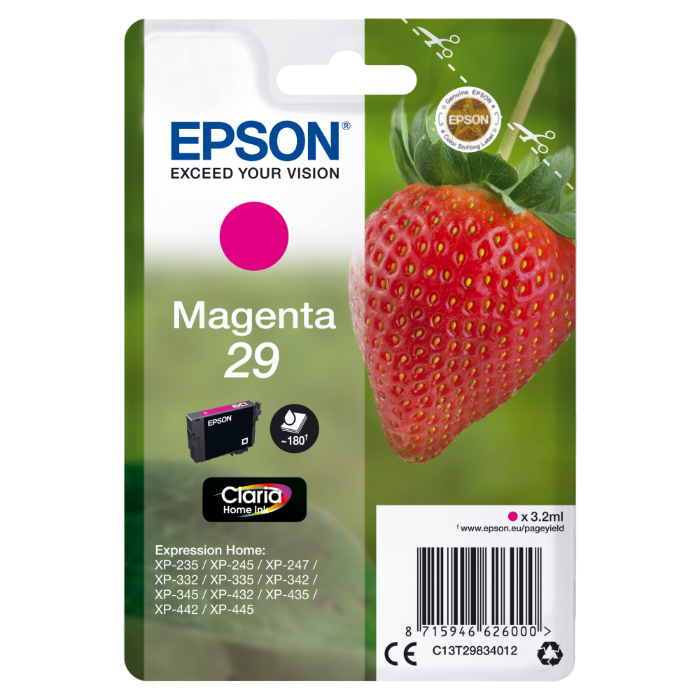 Epson Druckerpatrone C13T29844012 Erdbeere magenta für XP-Serie - Original Tinte, magenta, 1x 3,2 ml, 180 Seiten Druckleistung