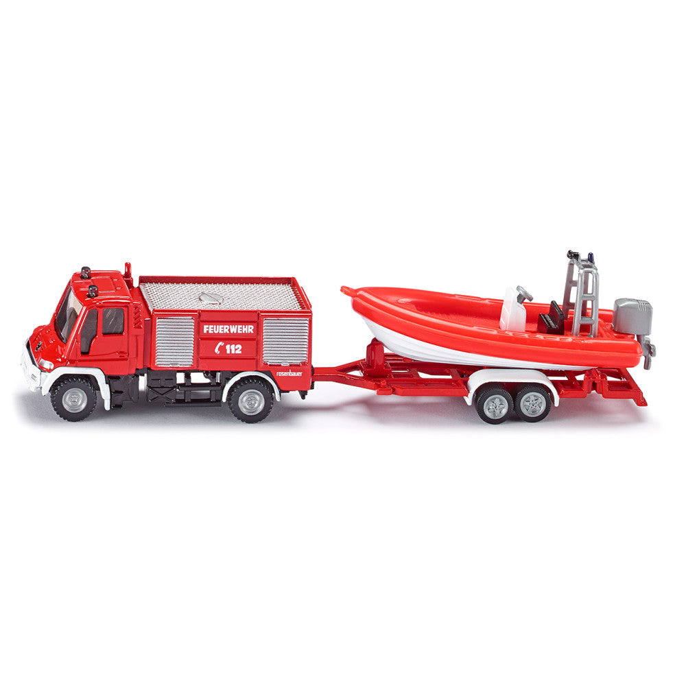 siku Feuerwehr Unimog mit Boot Modellauto Maßstab 1:87 Metall Rot Schwimmfähiges Boot Tandem-Achs-Anhänger Gravuren Bedruckung