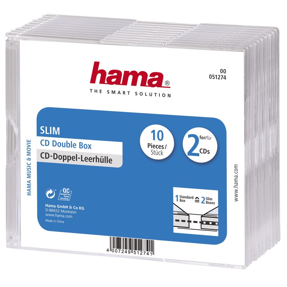Hama CD-Leerhülle Slimline Double, 10er-Pack, Transparent
