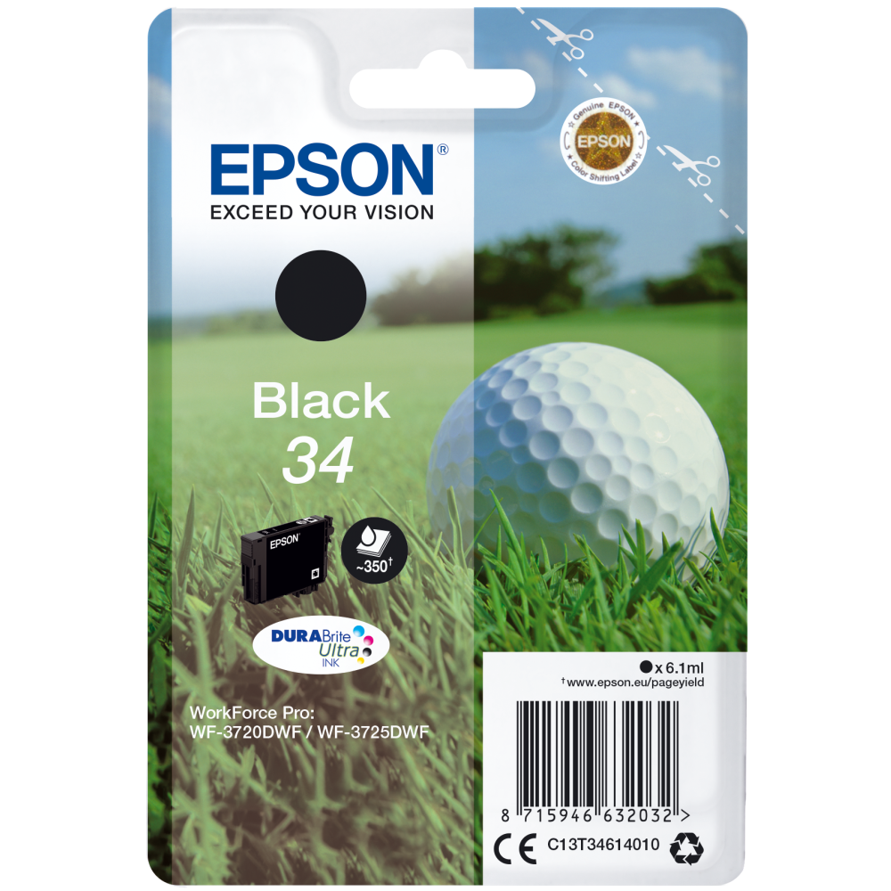 Epson Original Druckerpatrone C13T34614010 Golfball schwarz für WF-3720DWF WF-3725DWF Abo-frei Tinte