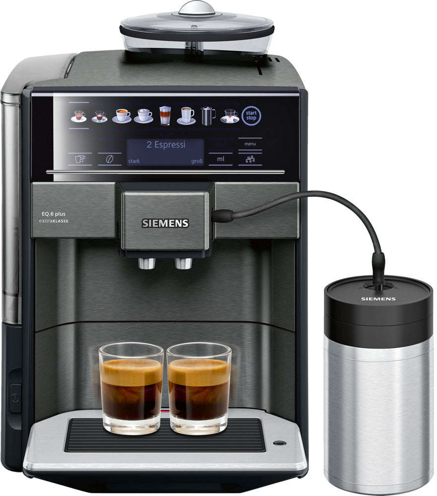 SIEMENS EQ.6 plus extraKlasse TE657F09DE dark inox Kaffeevollautomat (sensoFlow System, coffeeSelect Display, autoMilk Clean