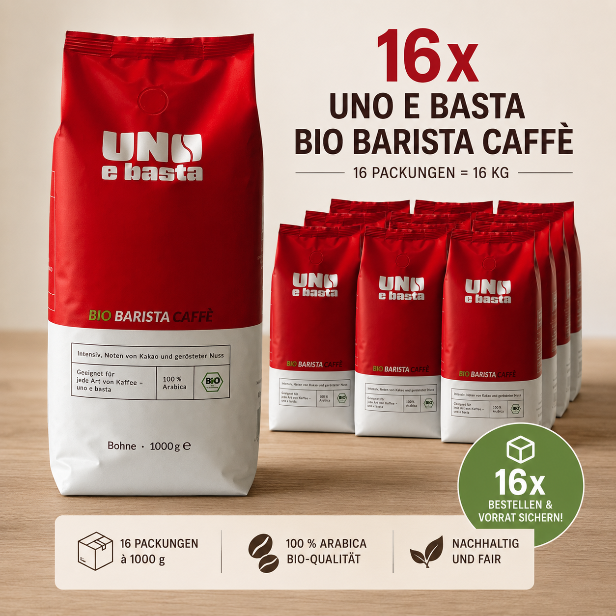 Niehoffs Kaffeerösterei uno e basta 16000g Bohne, bio Kaffee (ganze Bohne, 100 % Arabica, Fein-würziges Aroma, edle Crema)