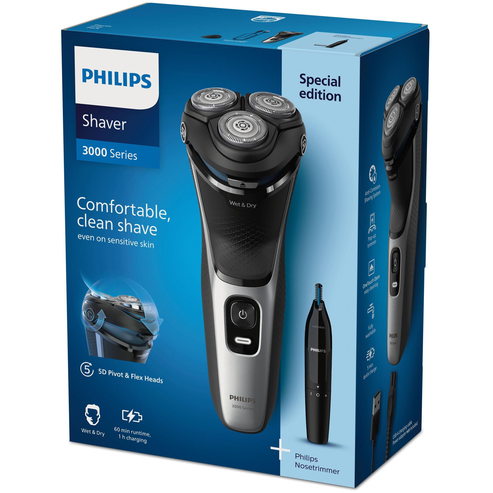 Philips Herrenrasierer 3000 Series S3143/02 (SkinProtect Technologie, 5-dimensional bewegliche Flex-Scherköpfe, Nass- und Trockenrasur, PowerCut-Schersystem, ausklappbarer Präzisionstrimmer, inkl. Nasen- und Ohrenhaartrimmer) - TRONYQ