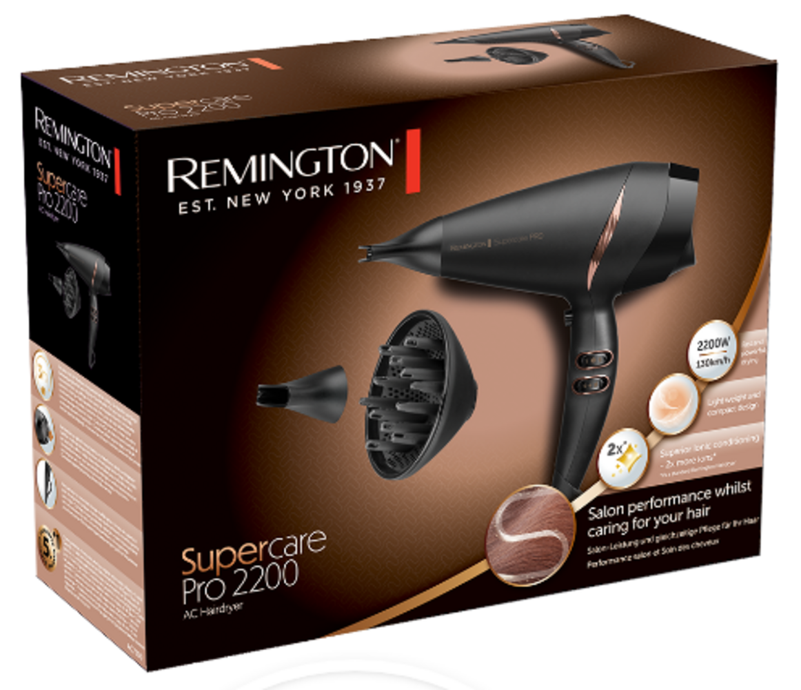 REMINGTON Haartrockner AC7200 Supercare Pro 2200 (Supercare, 2200 Watt, 130 km/h Luftstrom, Ionen, Leicht, kompakt, Design, Styling, Keramik-Ring, 3 Heizstufen, 2 Gebläsestufen, Kaltstufe, 3-Styling-Aufsätze)