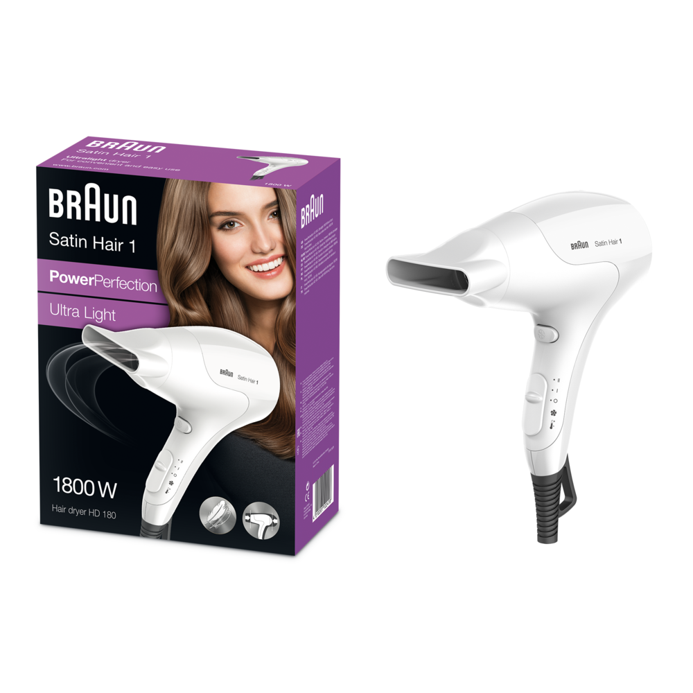 BRAUN Satin Hair 1 HD 180 Power Perfection solo Haartrockner (1.800 Watt, 3 Hitze- und 2 Luftstrom-Einstellungen, Kaltstufe, leichtes und ergonomisches Design, Infrarot Heizsystem, Styling Düse, Öse zum Aufhängen, Weiß) - TRONYQ