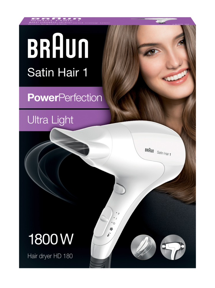 BRAUN Satin Hair 1 HD 180 Power Perfection solo Haartrockner (1.800 Watt, 3 Hitze- und 2 Luftstrom-Einstellungen, Kaltstufe, leichtes und ergonomisches Design, Infrarot Heizsystem, Styling Düse, Öse zum Aufhängen, Weiß) - TRONYQ