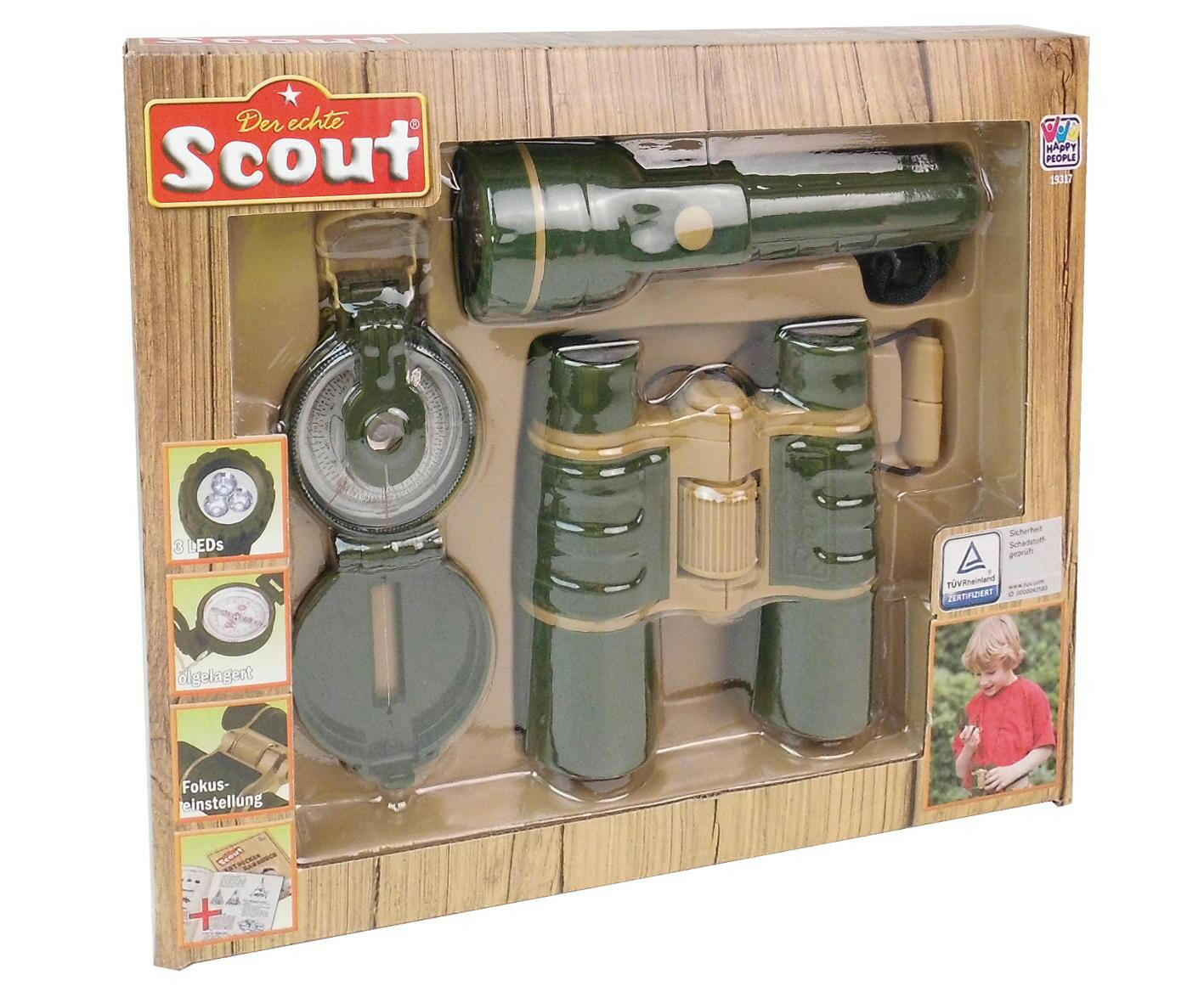 Scout Expedition Kit mit Kompass, Taschenlampe und Fernglas.