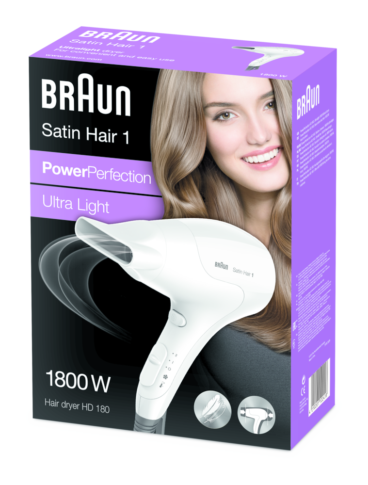 BRAUN Satin Hair 1 HD 180 Power Perfection solo Haartrockner (1.800 Watt, 3 Hitze- und 2 Luftstrom-Einstellungen, Kaltstufe, leichtes und ergonomisches Design, Infrarot Heizsystem, Styling Düse, Öse zum Aufhängen, Weiß) - TRONYQ