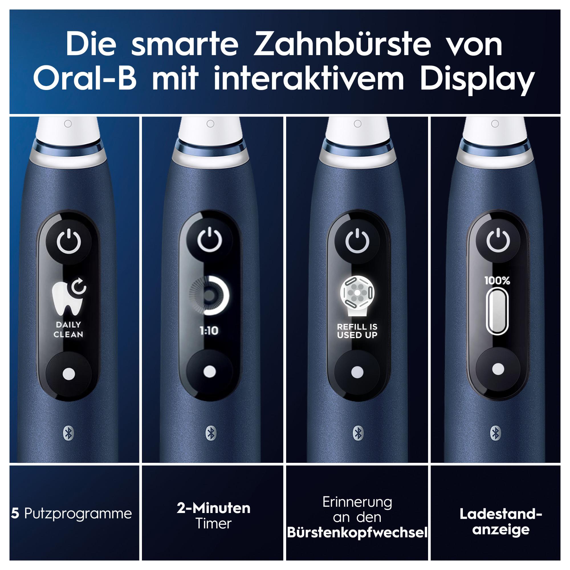 Oral-B iO Series 7 Elektrische Zahnbürste Sapphire Blue (Interaktives Display, künstliche Intelligenz erkennt Putztechnik, 5 Putzprogramme, App-Verbindung, intelligente Andruckkontrolle, visueller Timer, 2 Aufsteckbürsten) - TRONYQ