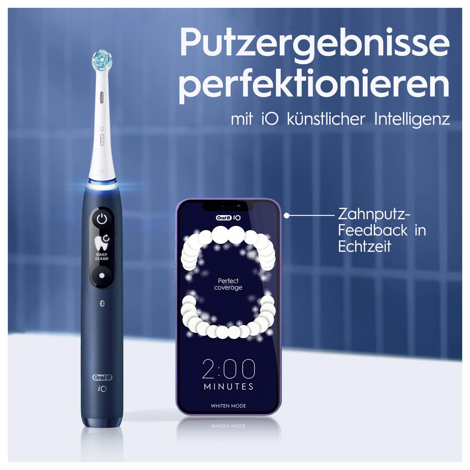 Oral-B iO Series 7 Elektrische Zahnbürste Sapphire Blue (Interaktives Display, künstliche Intelligenz erkennt Putztechnik, 5 Putzprogramme, App-Verbindung, intelligente Andruckkontrolle, visueller Timer, 2 Aufsteckbürsten) - TRONYQ