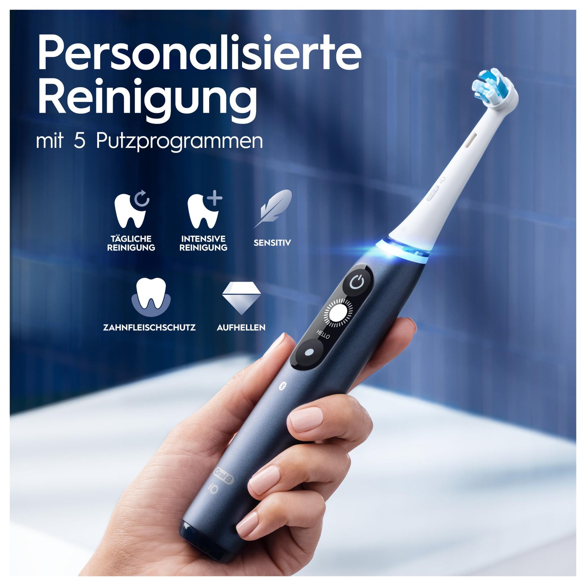 Oral-B iO Series 7 Elektrische Zahnbürste Sapphire Blue (Interaktives Display, künstliche Intelligenz erkennt Putztechnik, 5 Putzprogramme, App-Verbindung, intelligente Andruckkontrolle, visueller Timer, 2 Aufsteckbürsten) - TRONYQ