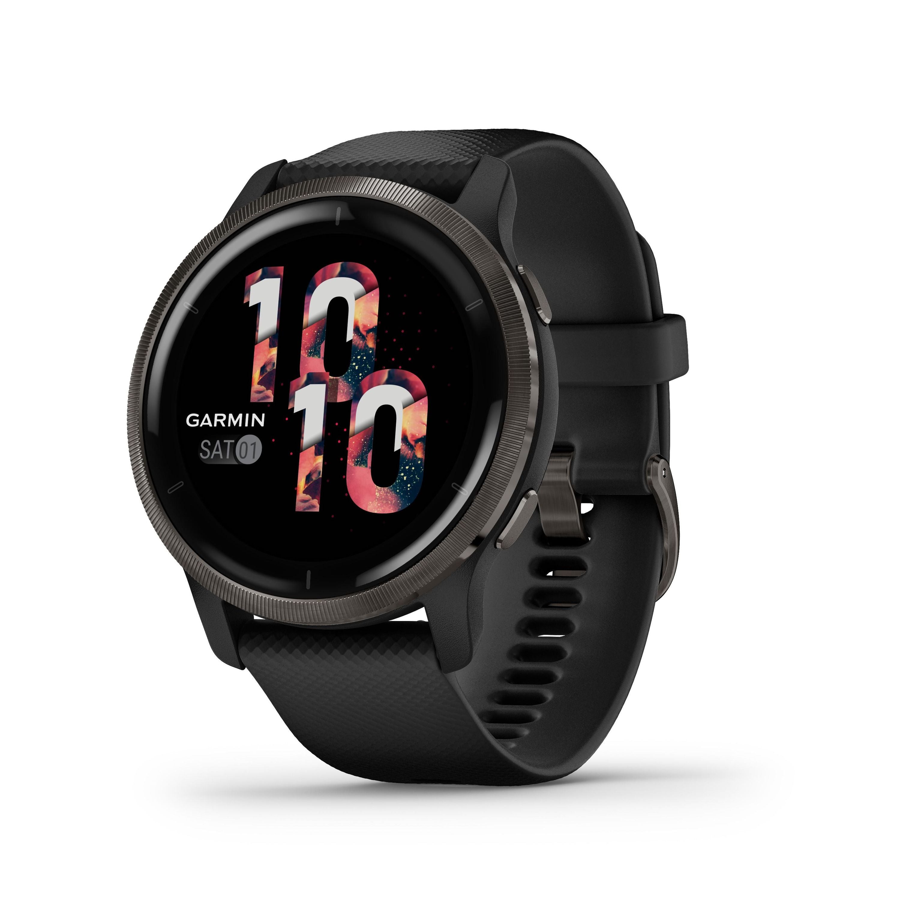 GARMIN Venu 2 Schwarz/Schiefergrau mit Schnellwechsel-Silikon-Armband 22mm Smartwatch (GPS, Smartphone-Benachrichtigungen, Herzfrequenzmessung, Schlafanalyse, integrierte Sportapps, Musik hörbar ohne Smartphone)