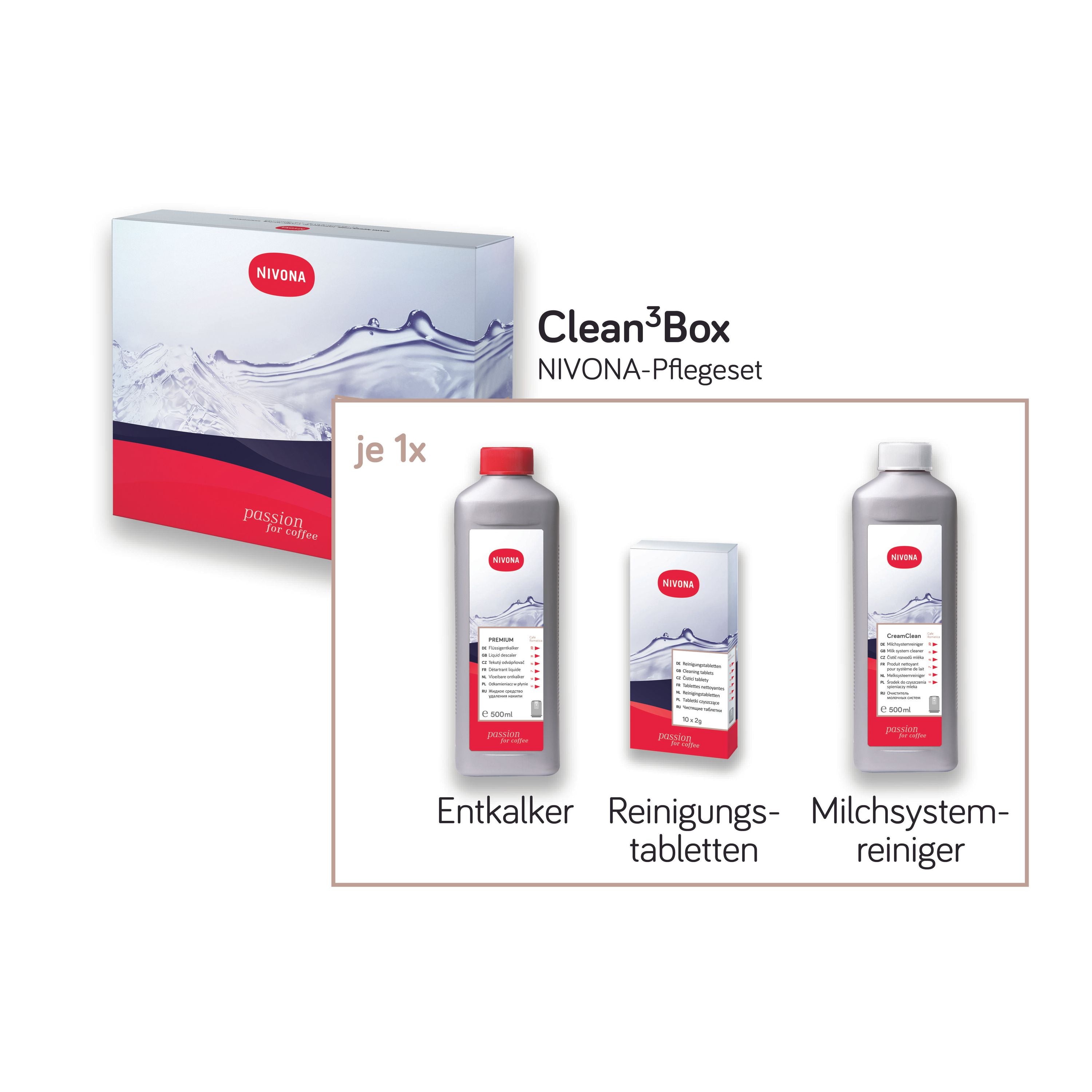 NIVONA Clean3Box NICB 300 Reinigungs-Set (Reinigungstabletten NIRT 701, Flüssigentkalker NIRK 703, Milchsystemreiniger NICC 705)