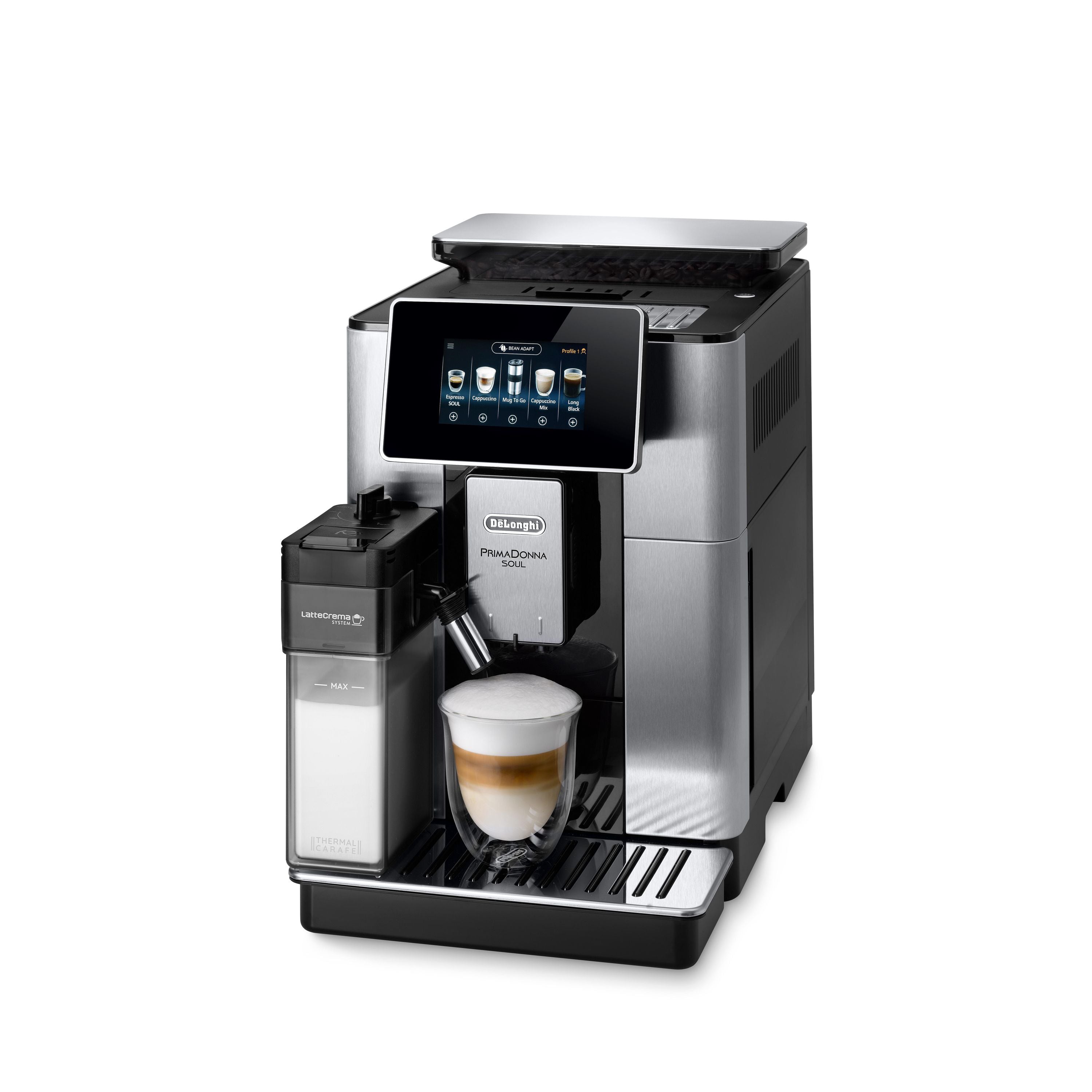 De'Longhi ECAM610.74.MB PRIMADONNA SOUL Edelstahl Kaffeevollautomat (App, TFT-Display, Touch, coffee2go, coffee-to-go, Travel-Mug, Kannen-Funktion, Milch-Behälter, Milchschaum, 19 bar) - TRONYQ